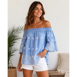 Now & Forever Chambray Off The Shoulder Tunic Size Large Embroidery Cottagecore